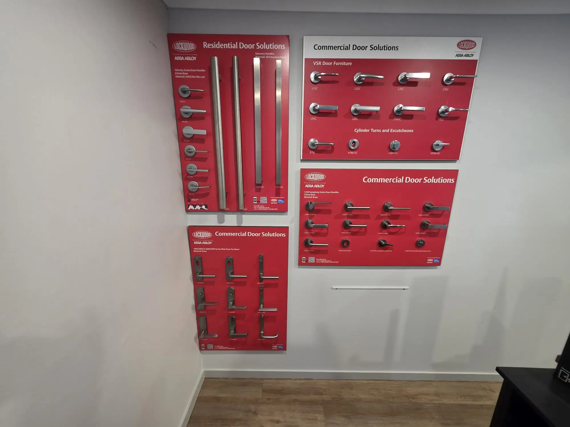 Lockwood commercial and residential door handle display boards.